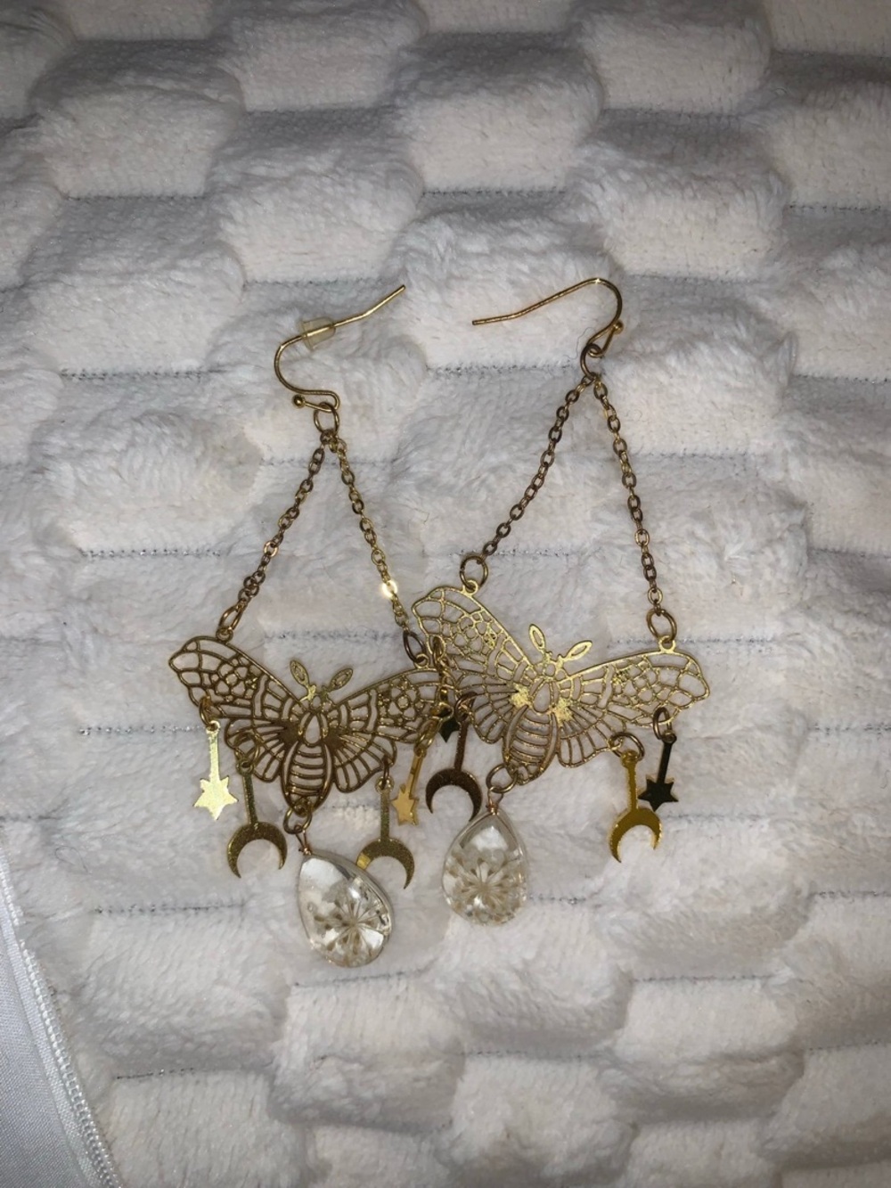Gold Butterfly Dangle Earrings with Crystal Teardrops - Women Jewelry